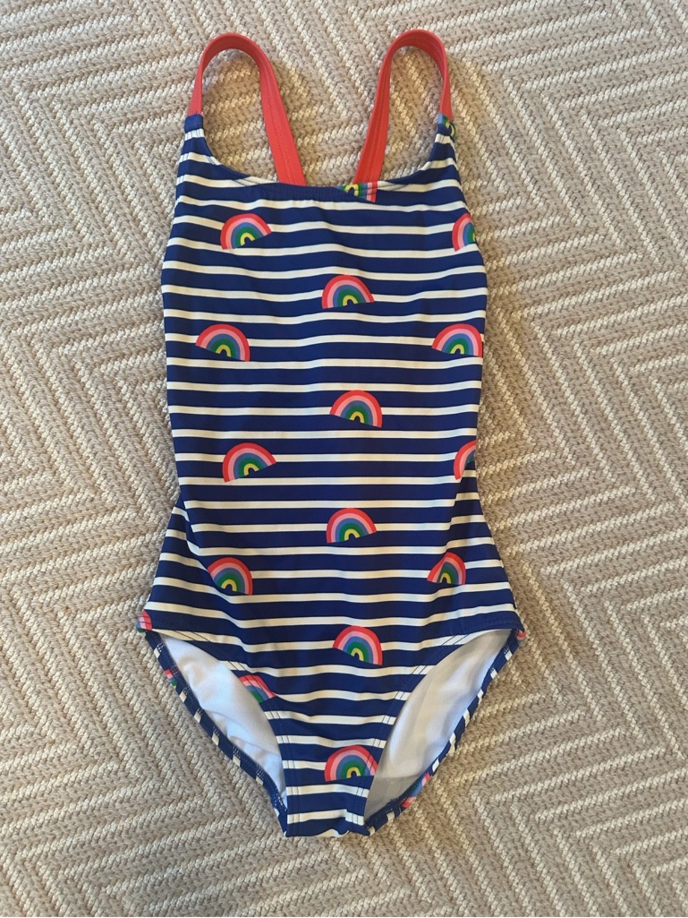 Mini Boden Navy and White Stripe One-Piece with Rainbow Print Size 6-7Y New